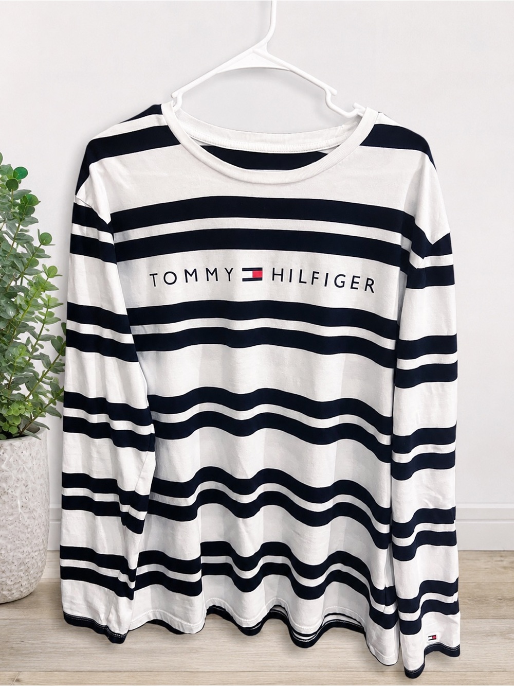 Tommy Hilfiger White and Navy Striped Long Sleeve Shirt Men